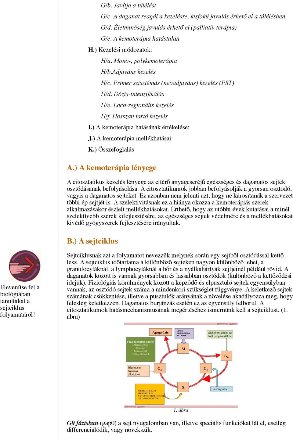 Hosszan tartó kezelés I.) A kemoterápia hatásának értékelése: J.) A kemoterápia mellékhatásai: K.) Összefoglalás A.