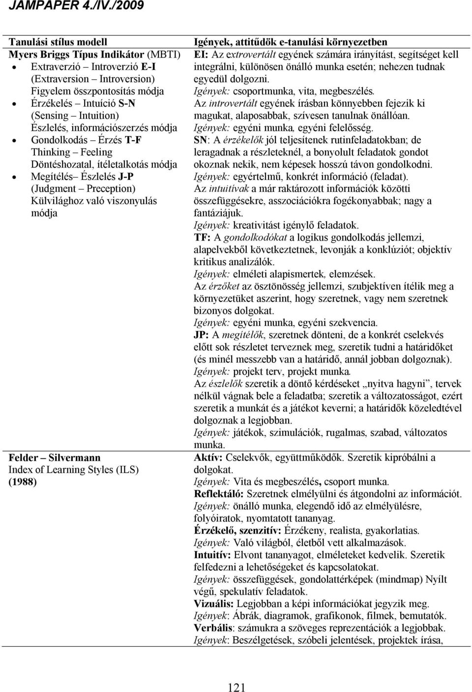 Index of Learning Styles (ILS) (1988) Igények, attitűdök e-tanulási környezetben EI: Az extrovertált egyének számára irányítást, segítséget kell integrálni, különösen önálló munka esetén; nehezen