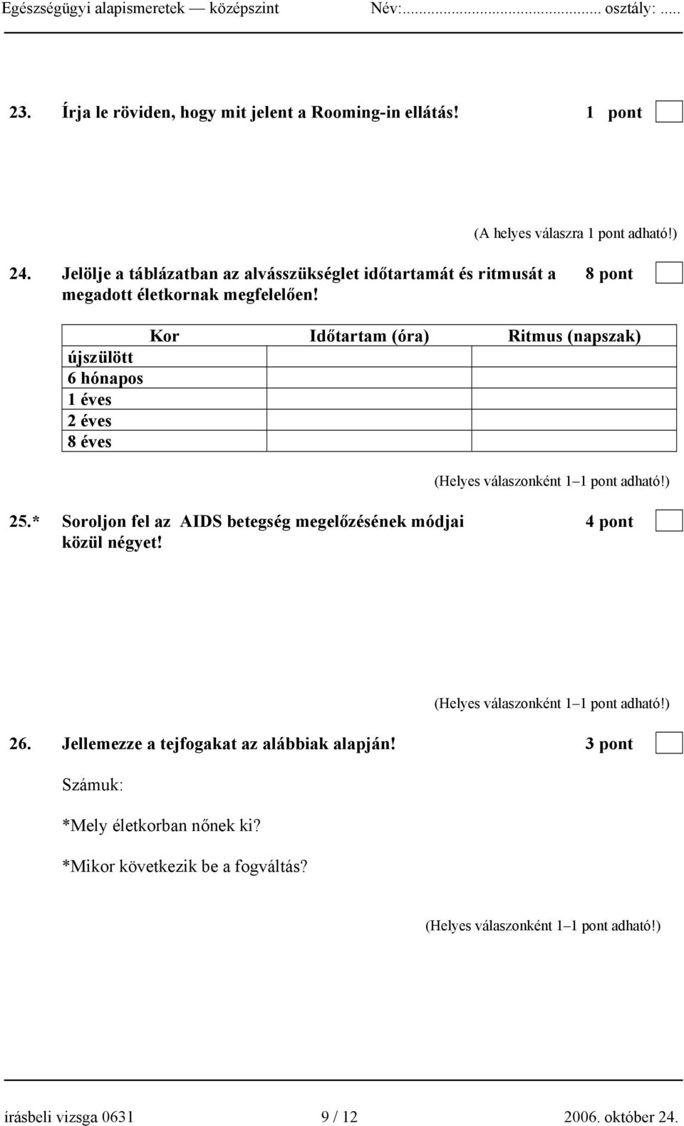 du. éjjel 1 éves 12-14 óra éjjel-délután 2 éves kb.13óra é 8 éves kb. 10 óra éjjel 25.* Soroljon fel az AIDS betegség megelőzésének módjai 4 pont közül négyet!