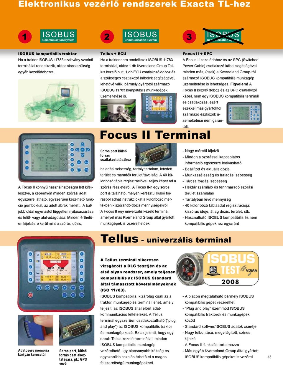 Tellus + ECU Focus II + SPC Ha a traktor nem rendelkezik ISOBUS 11783 A Focus II kezelődoboz és az SPC (Switched terminállal, akkor 1 db Kverneland Group Tellus kezelő pult, 1 db ECU csatlakozó doboz