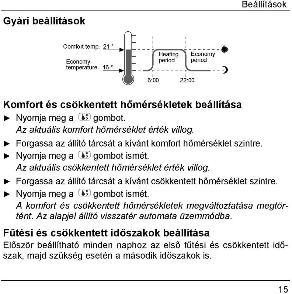 Az aktuális csökkentett hőmérséklet érték villog. Forgassa az állító tárcsát a kívánt csökkentett hőmérséklet szintre. Nyomja meg a gombot ismét.