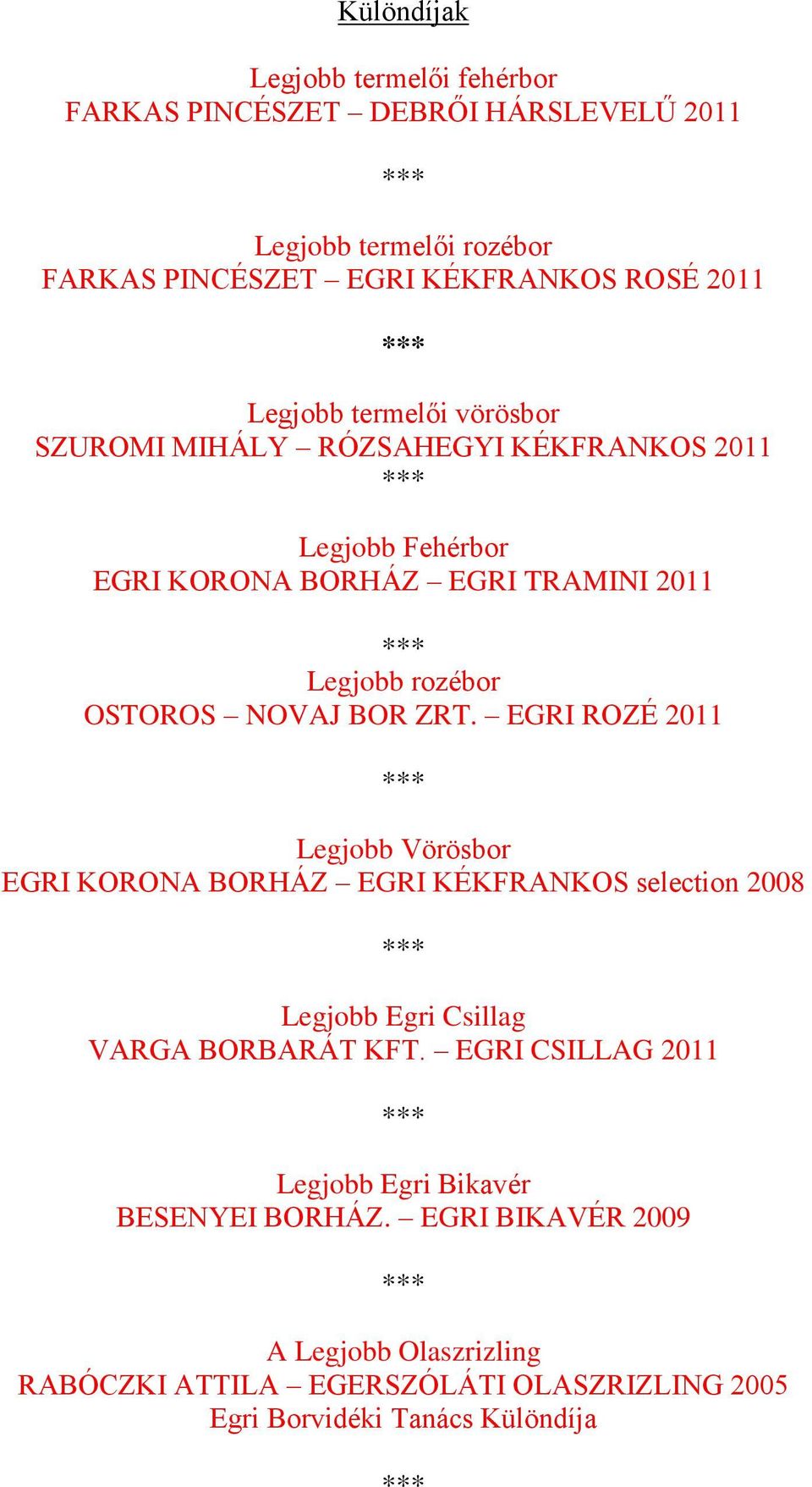NOVAJ BOR ZRT. EGRI ROZÉ 2011 Legjobb Vörösbor EGRI KORONA BORHÁZ EGRI KÉKFRANKOS selection 2008 Legjobb Egri Csillag VARGA BORBARÁT KFT.