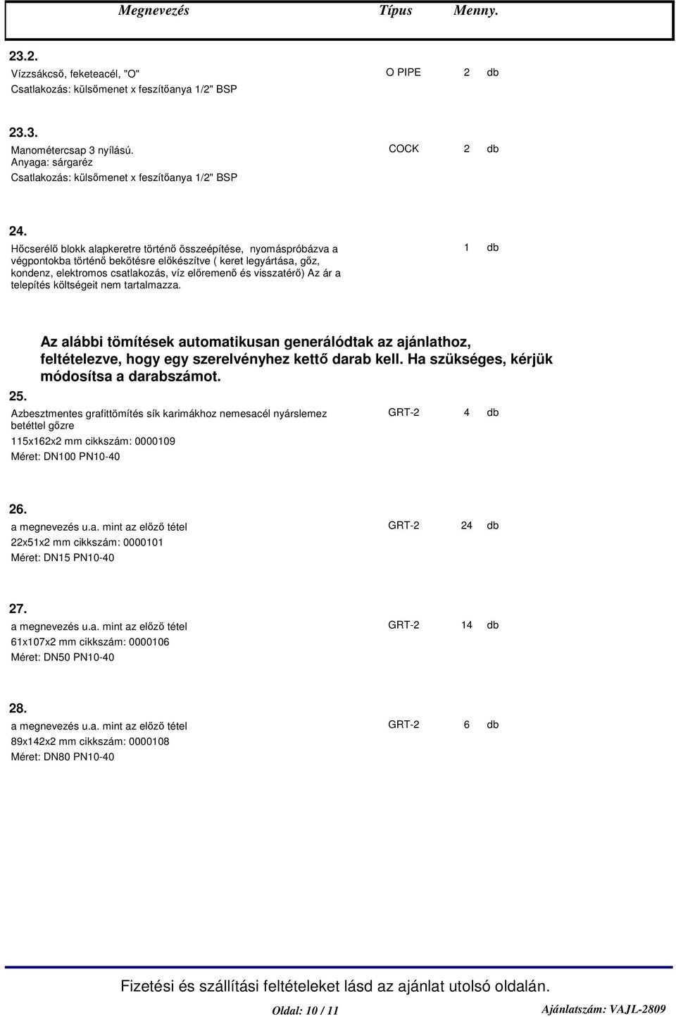telepítés költségeit nem tartalmazza. 25. Az alábbi tömítések automatikusan generálódtak az ajánlathoz, feltételezve, hogy egy szerelvényhez kett darab kell.