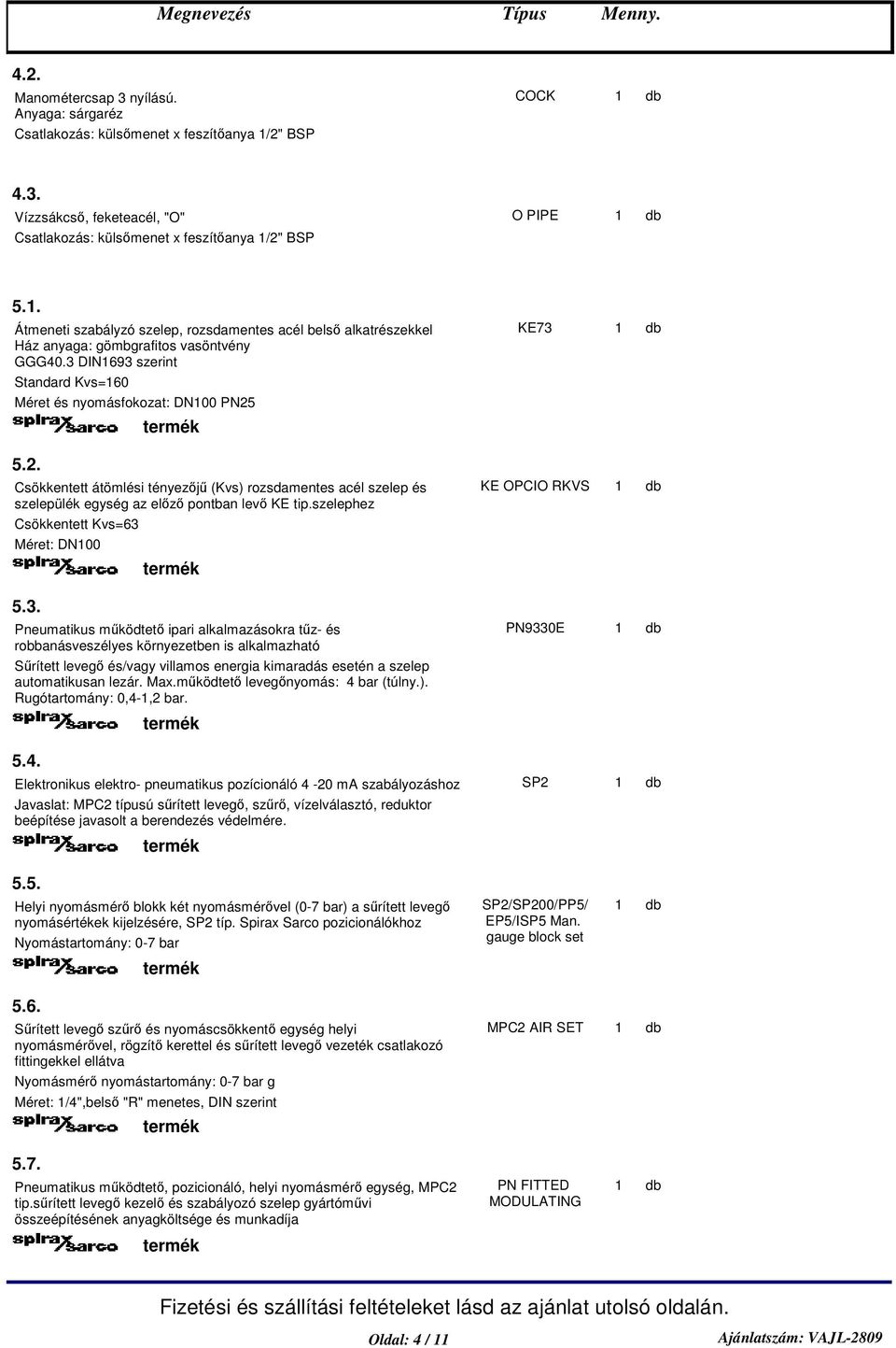 5.2. Csökkentett átömlési tényezj (Kvs) rozsdamentes acél szelep és szelepülék egység az elz pontban lev KE tip.szelephez KE OPCIO RKVS Csökkentett Kvs=63 