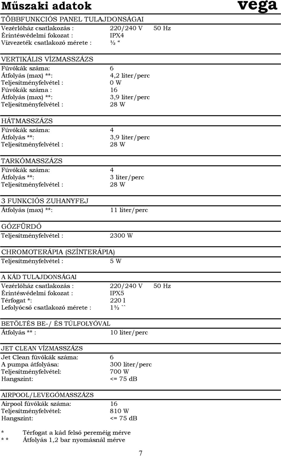 Teljesítményfelvétel : 28 W TARKÓMASSZÁZS Fúvókák száma: 4 Átfolyás **: 3 liter/perc Teljesítményfelvétel : 28 W 3 FUNKCIÓS ZUHANYFEJ Átfolyás (max) **: GŐZFÜRDŐ Teljesítményfelvétel : 11 liter/perc