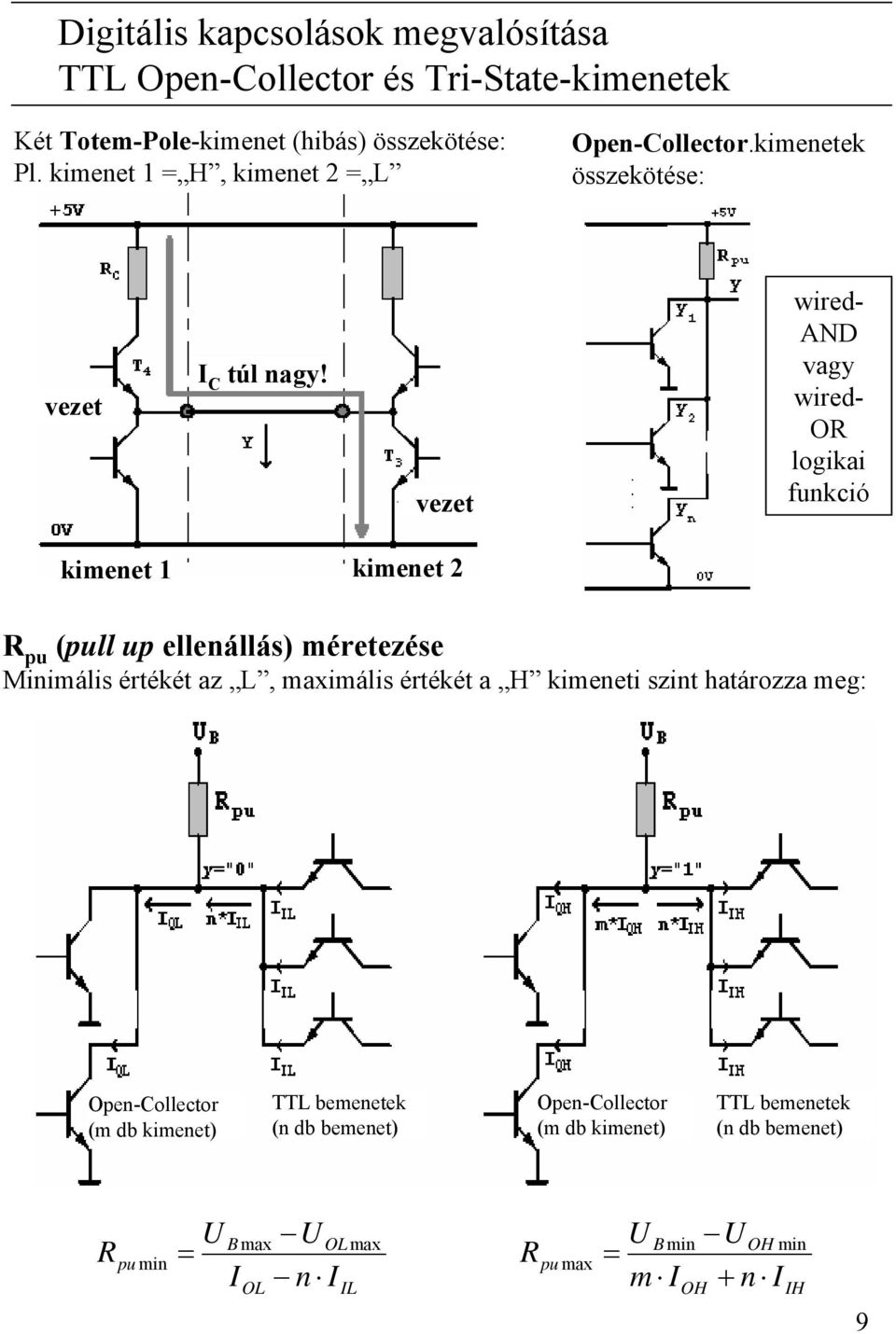 vezet wired- AND vagy wired- OR logikai funkció kimenet 1 kimenet 2 R pu (pull up ellenállás) méretezése Minimális értékét az L, maximális