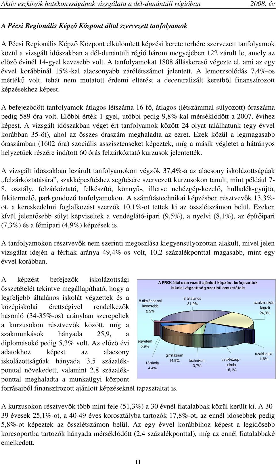 A lemorzsolódás 7,4%-os mértékő volt, tehát nem mutatott érdemi eltérést a decentralizált keretbıl finanszírozott képzésekhez képest.