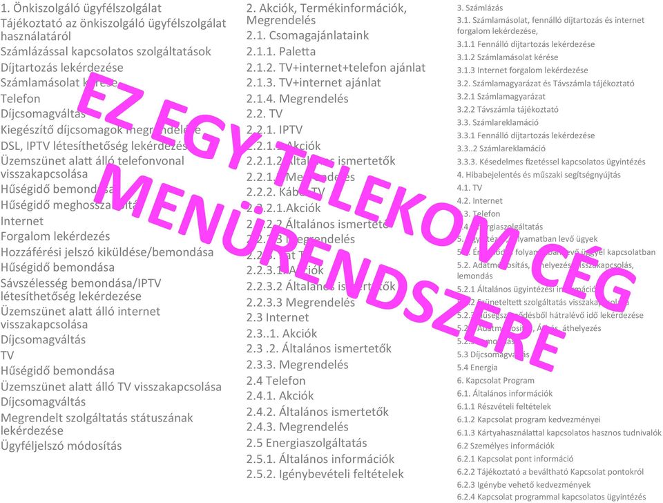 Hozzáférési jelszó kiküldése/bemondása Hűségidő bemondása Sávszélesség bemondása/iptv létesíthetőség lekérdezése Üzemszünet alav álló internet visszakapcsolása Díjcsomagváltás TV Hűségidő bemondása