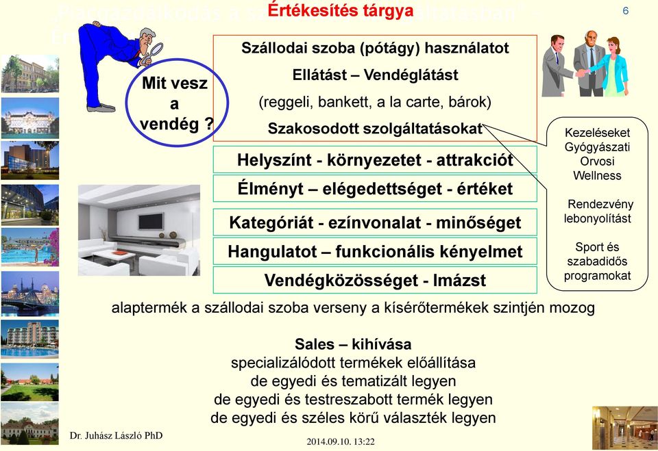 elégedettséget - értéket Kategóriát - ezínvonalat - minőséget Hangulatot funkcionális kényelmet Vendégközösséget - Imázst alaptermék a szállodai szoba verseny a kísérőtermékek