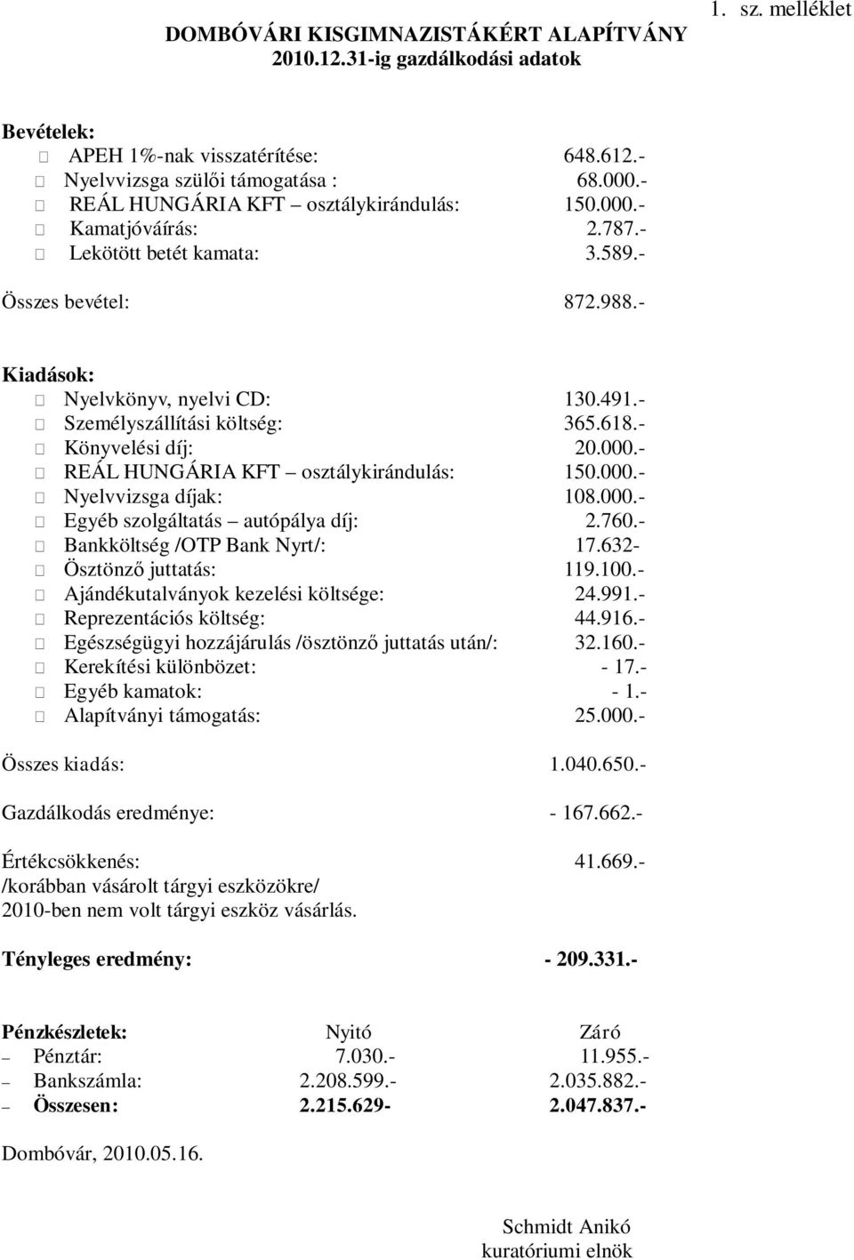 - Személyszállítási költség: 365.618.- Könyvelési díj: 20.000.- REÁL HUNGÁRIA KFT osztálykirándulás: 150.000.- Nyelvvizsga díjak: 108.000.- Egyéb szolgáltatás autópálya díj: 2.760.