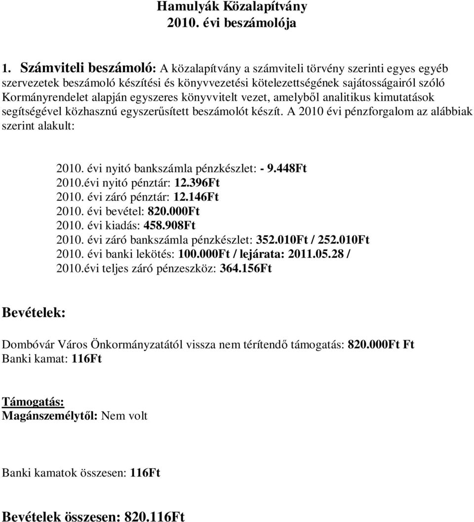 egyszeres könyvvitelt vezet, amelyből analitikus kimutatások segítségével közhasznú egyszerűsített beszámolót készít. A 2010 évi pénzforgalom az alábbiak szerint alakult: 2010.