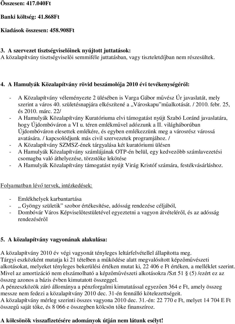 A Hamulyák Közalapítvány rövid beszámolója 2010 évi tevékenységéről: - A Közalapítvány véleményezte 2 ülésében is Varga Gábor művész Úr javaslatát, mely szerint a város 40.