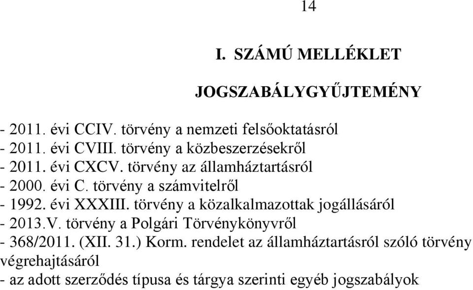 évi XXXIII. törvény a közalkalmazottak jogállásáról - 2013.V. törvény a Polgári Törvénykönyvről - 368/2011. (XII. 31.