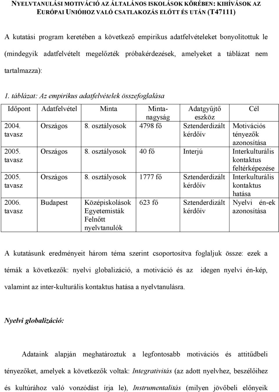 táblázat: Az empirikus adatfelvételek összefoglalása Időpont Adatfelvétel Minta Mintanagyság Adatgyűjtő eszköz 2004. Országos 8. osztályosok 4798 fő Sztenderdizált kérdőív 2005. 2005. 2006.