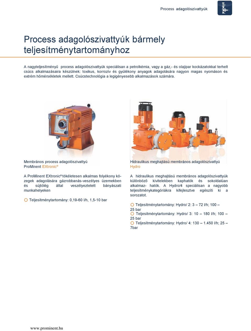 Membrános process adagolószivattyú ProMinent EXtronic A ProMinent EXtronic tökéletesen alkalmas folyékony közegek adagolására gázrobbanás-veszélyes üzemekben és sújtólég által veszélyeztetett