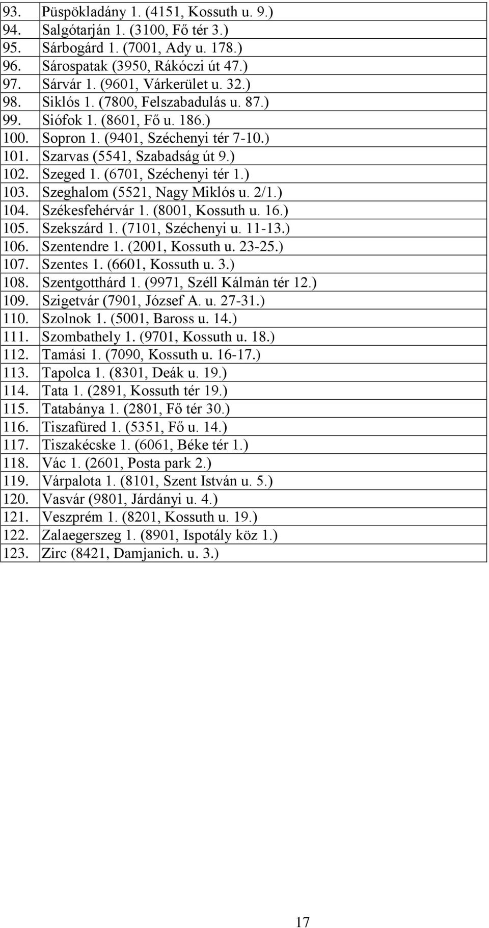 Szeghalom (5521, Nagy Miklós u. 2/1.) 104. Székesfehérvár 1. (8001, Kossuth u. 16.) 105. Szekszárd 1. (7101, Széchenyi u. 11-13.) 106. Szentendre 1. (2001, Kossuth u. 23-25.) 107. Szentes 1.