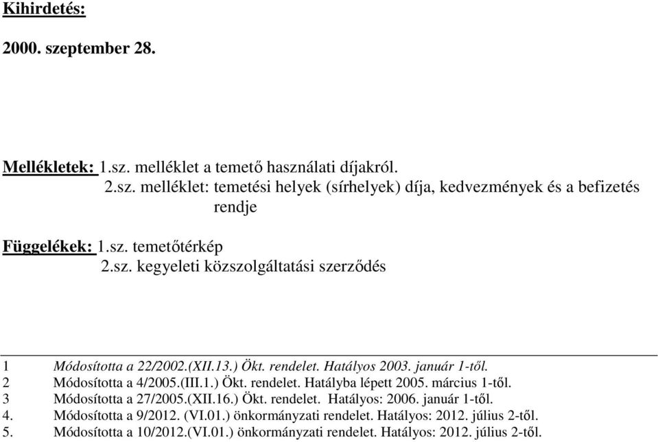 1.) Ökt. rendelet. Hatályba lépett 2005. március 1-től. 3 Módosította a 27/2005.(XII.16.) Ökt. rendelet. Hatályos: 2006. január 1-től. 4. Módosította a 9/2012