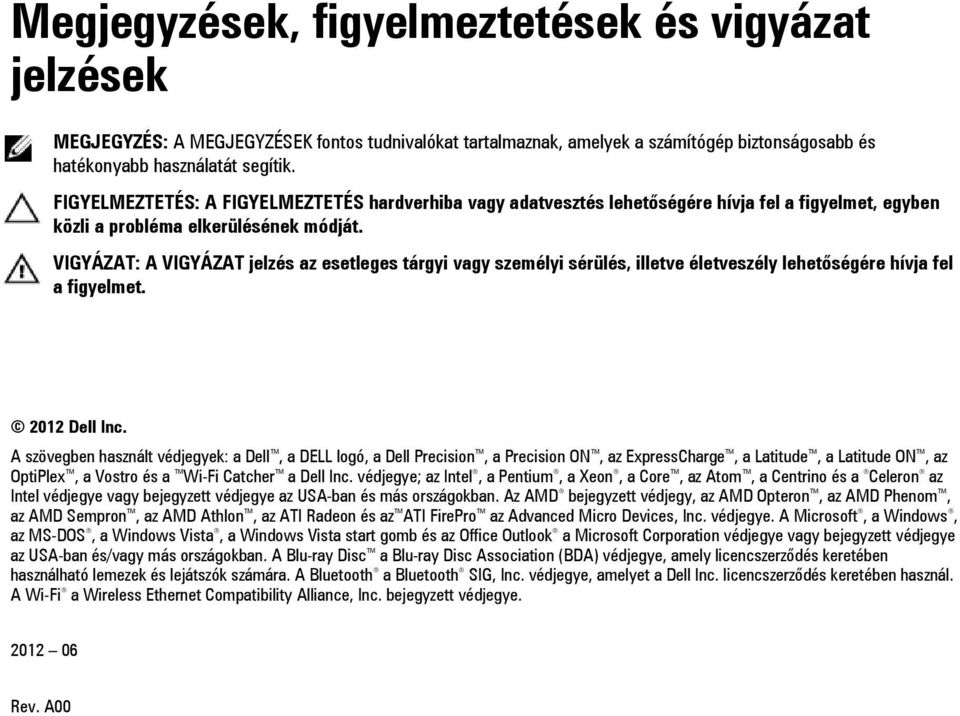 VIGYÁZAT: A VIGYÁZAT jelzés az esetleges tárgyi vagy személyi sérülés, illetve életveszély lehetőségére hívja fel a figyelmet. 2012 Dell Inc.