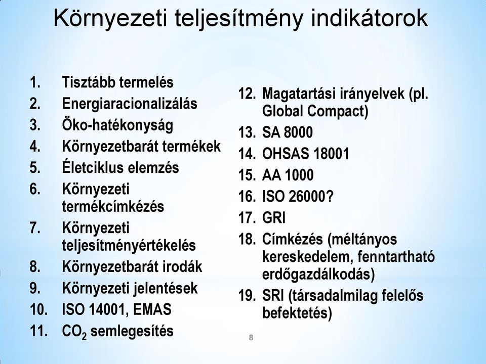 Környezeti jelentések 10. ISO 14001, EMAS 11. CO 2 semlegesítés 12. Magatartási irányelvek (pl. Global Compact) 13. SA 8000 14.