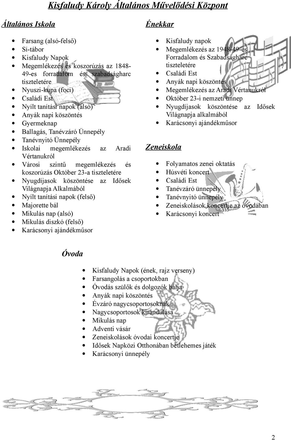megemlékezés és koszorúzás Október 23-a tiszteletére Nyugdíjasok köszöntése az Idősek Világnapja Alkalmából Nyílt tanítási napok (felső) Majorette bál Mikulás nap (alsó) Mikulás diszkó (felső)