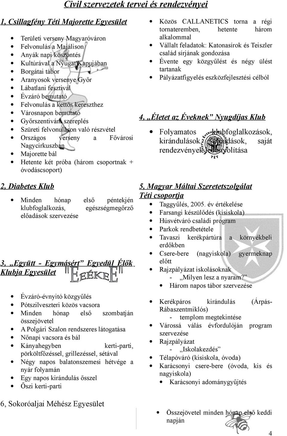 gondozása Évente egy közgyűlést és négy ülést tartanak Pályázatfigyelés eszközfejlesztési célból Területi verseny Magyaróváron Felvonulás a Majálison Anyák napi köszöntés Kultúrával a Nyugat