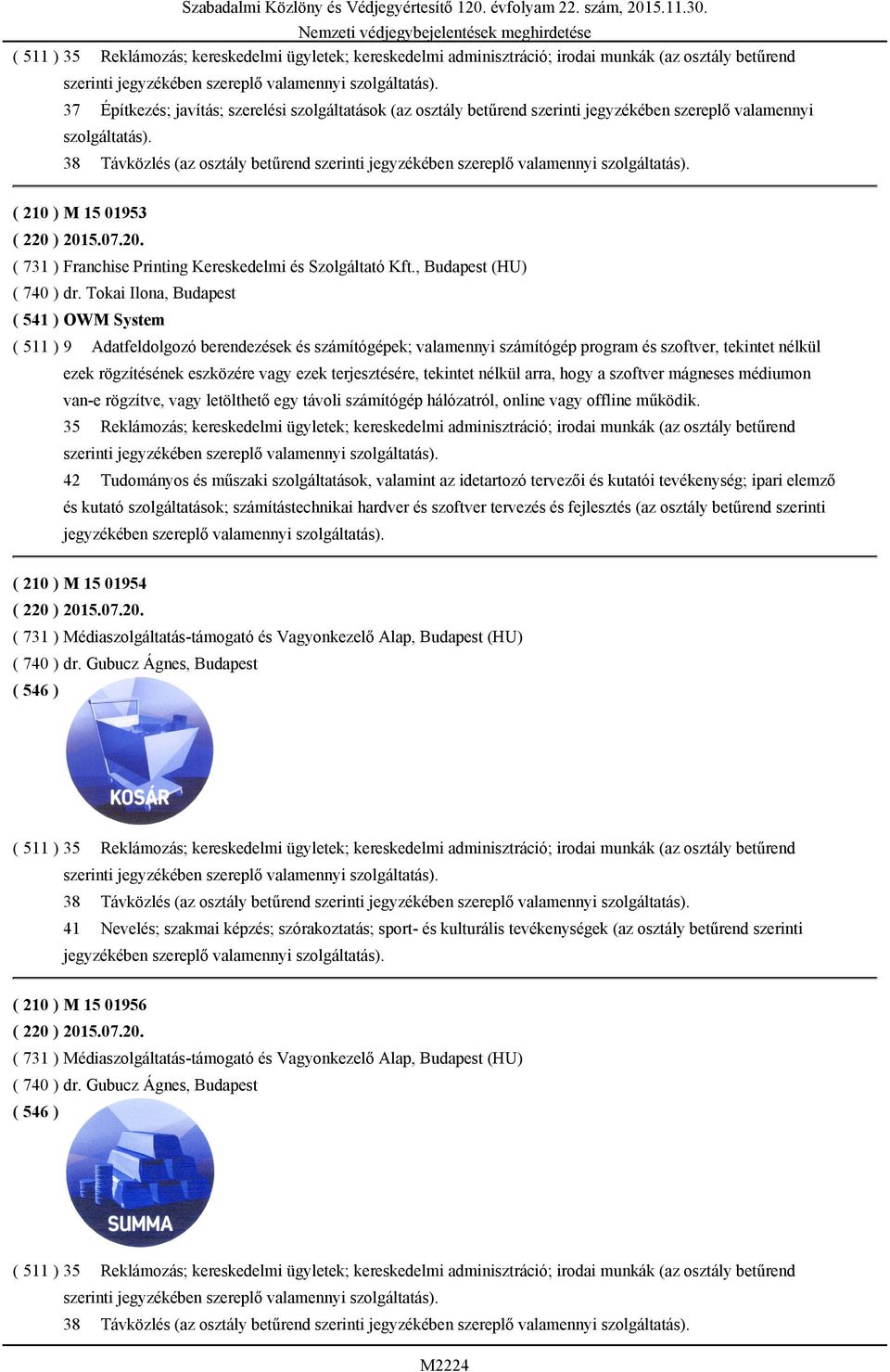 Tokai Ilona, Budapest ( 541 ) OWM System ( 511 ) 9 Adatfeldolgozó berendezések és számítógépek; valamennyi számítógép program és szoftver, tekintet nélkül ezek rögzítésének eszközére vagy ezek