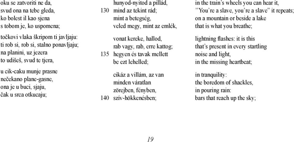 emlék, vonat kereke, hallod, rab vagy, rab, erre kattog; 135 hegyen és tavak mellett be ezt lehelled; cikáz a villám, az van minden váratlan zörejben, fényben, 140 szív-hökkenésben; in the train s