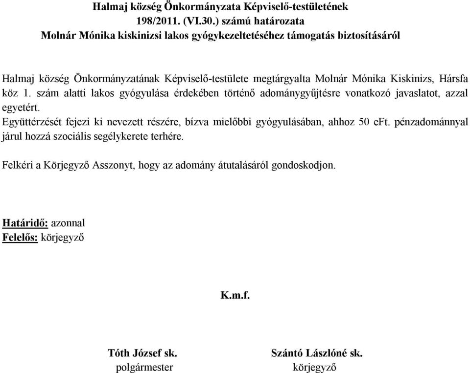 Képviselő-testülete megtárgyalta Molnár Mónika Kiskinizs, Hársfa köz 1.