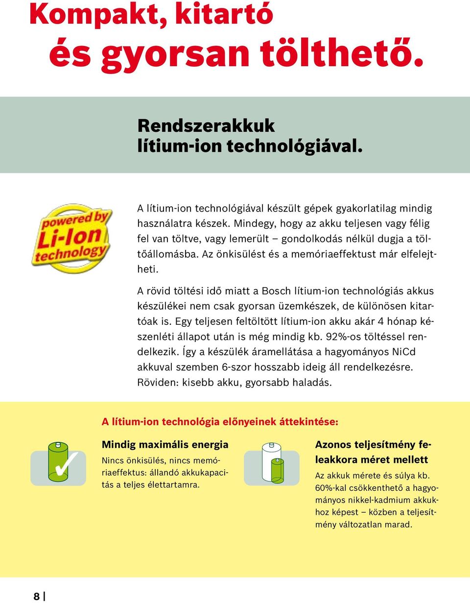 A rövid töltési idő miatt a Bosch lítium-ion technológiás akkus készülékei nem csak gyorsan üzemkészek, de különösen kitartóak is.