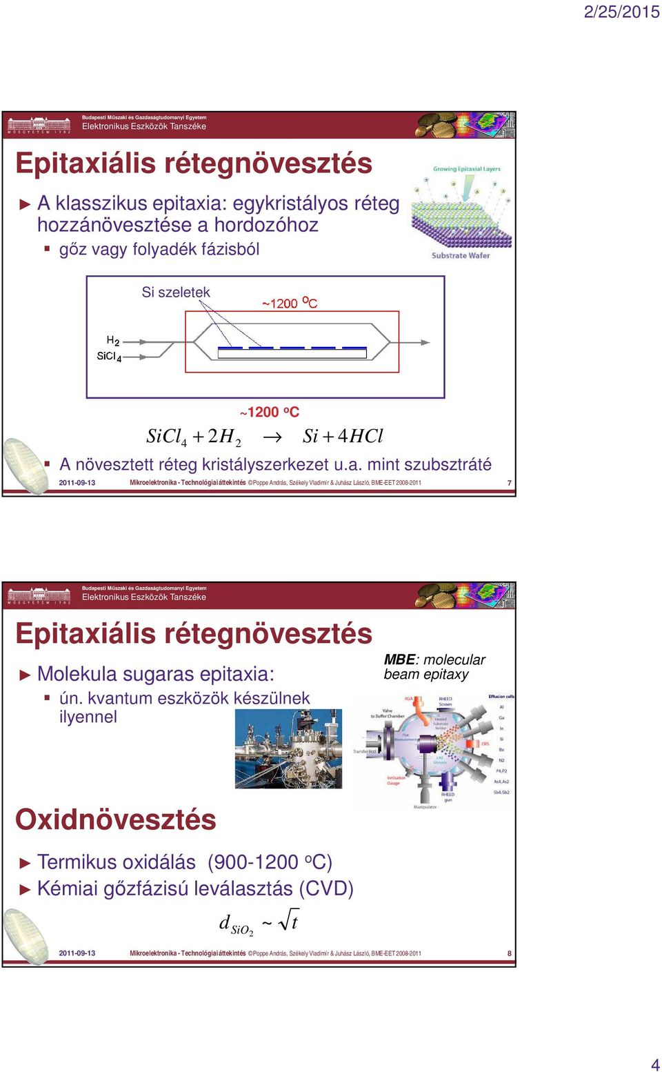 mint szubsztráté 2011-09-13 Mikroelektronika - Technológiai áttekintés Poppe András, Székely Vladimír & Juhász László, BME-EET 2008-2011 7 Epitaxiális rétegnövesztés