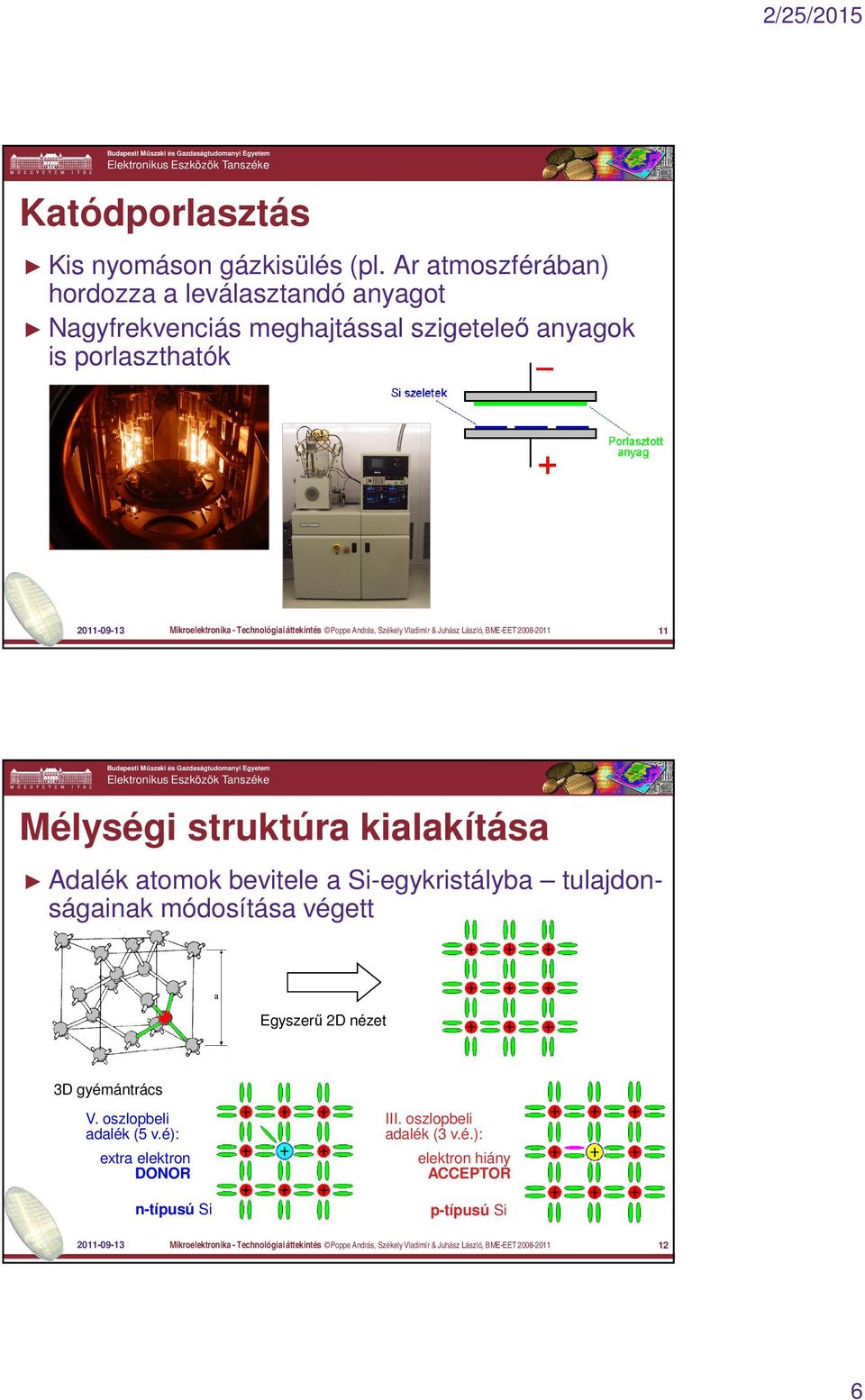 Poppe András, Székely Vladimír & Juhász László, BME-EET 2008-2011 11 Mélységi struktúra kialakítása Adalék atomok bevitele a Si-egykristályba tulajdonságainak módosítása
