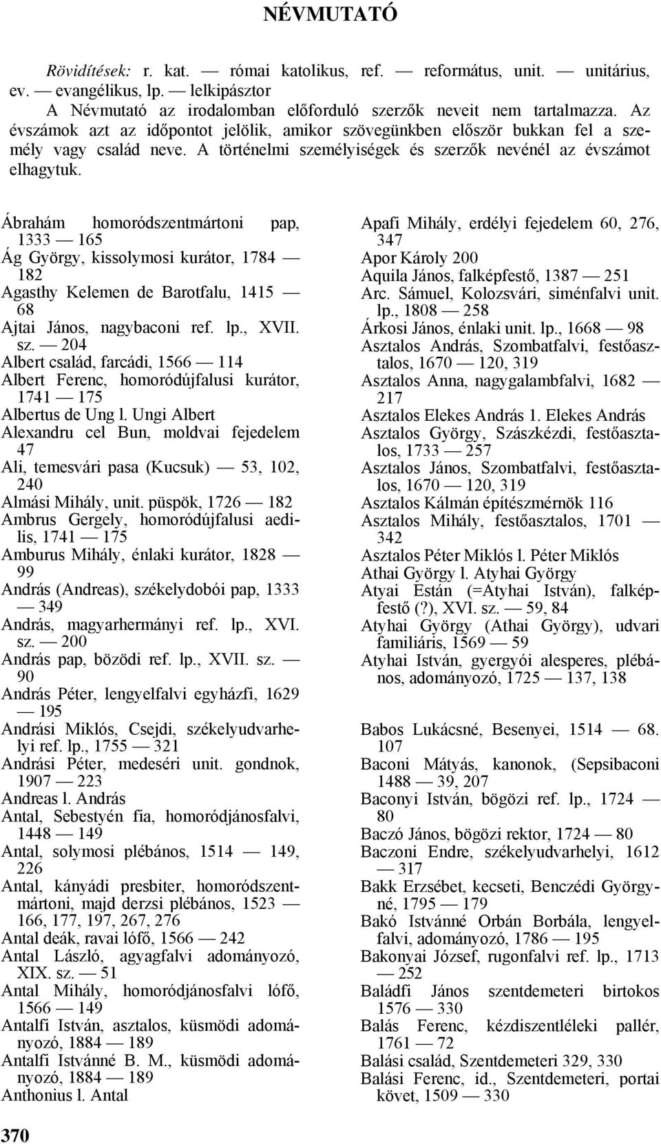 Ábrahám homoródszentmártoni pap, 1333 165 Ág György, kissolymosi kurátor, 1784 182 Agasthy Kelemen de Barotfalu, 1415 68 Ajtai János, nagybaconi ref. lp., XVII. sz.
