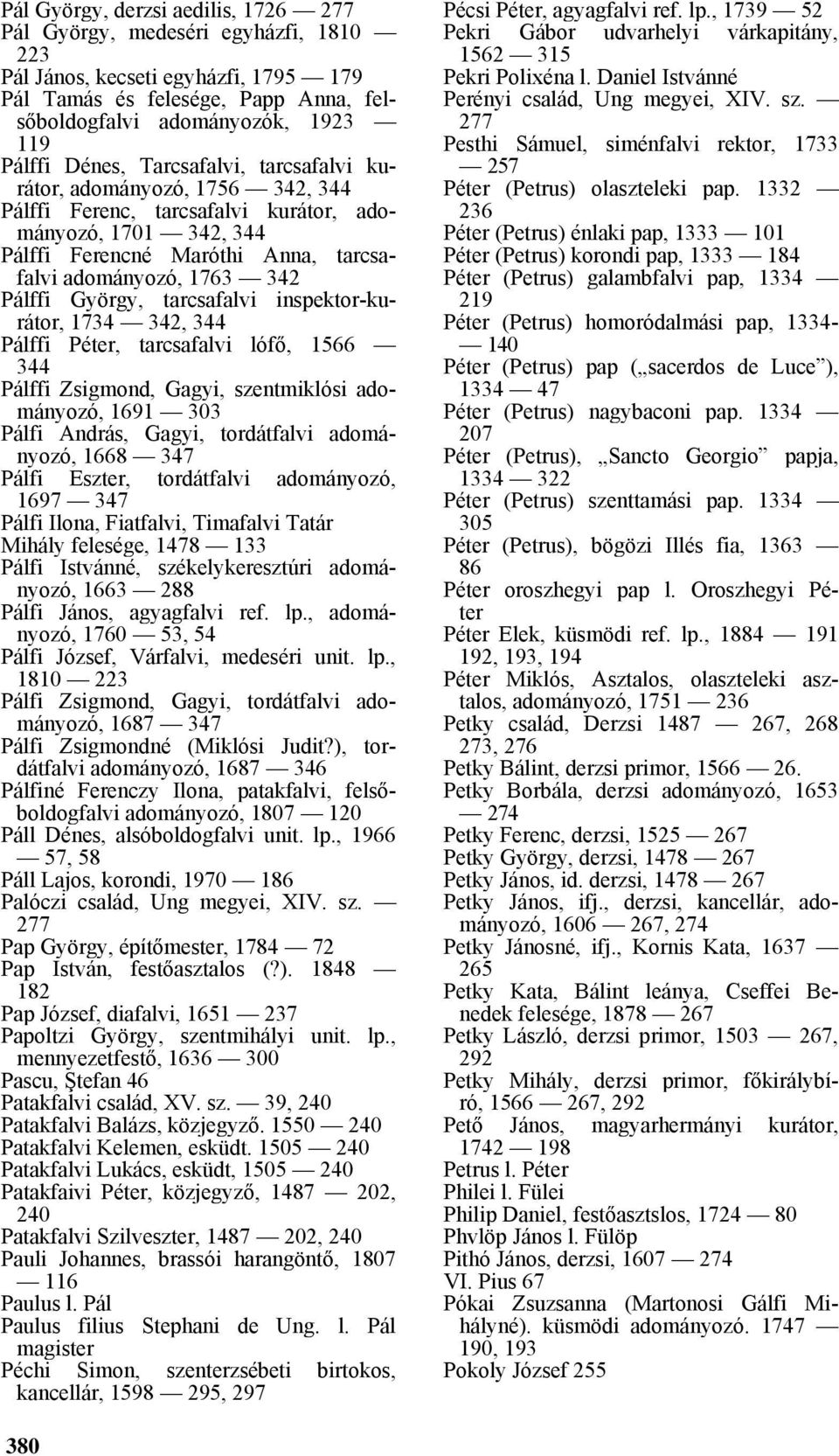 tarcsafalvi inspektor-kurátor, 1734 342, 344 Pálffi Péter, tarcsafalvi lófő, 1566 344 Pálffi Zsigmond, Gagyi, szentmiklósi adományozó, 1691 303 Pálfi András, Gagyi, tordátfalvi adományozó, 1668 347