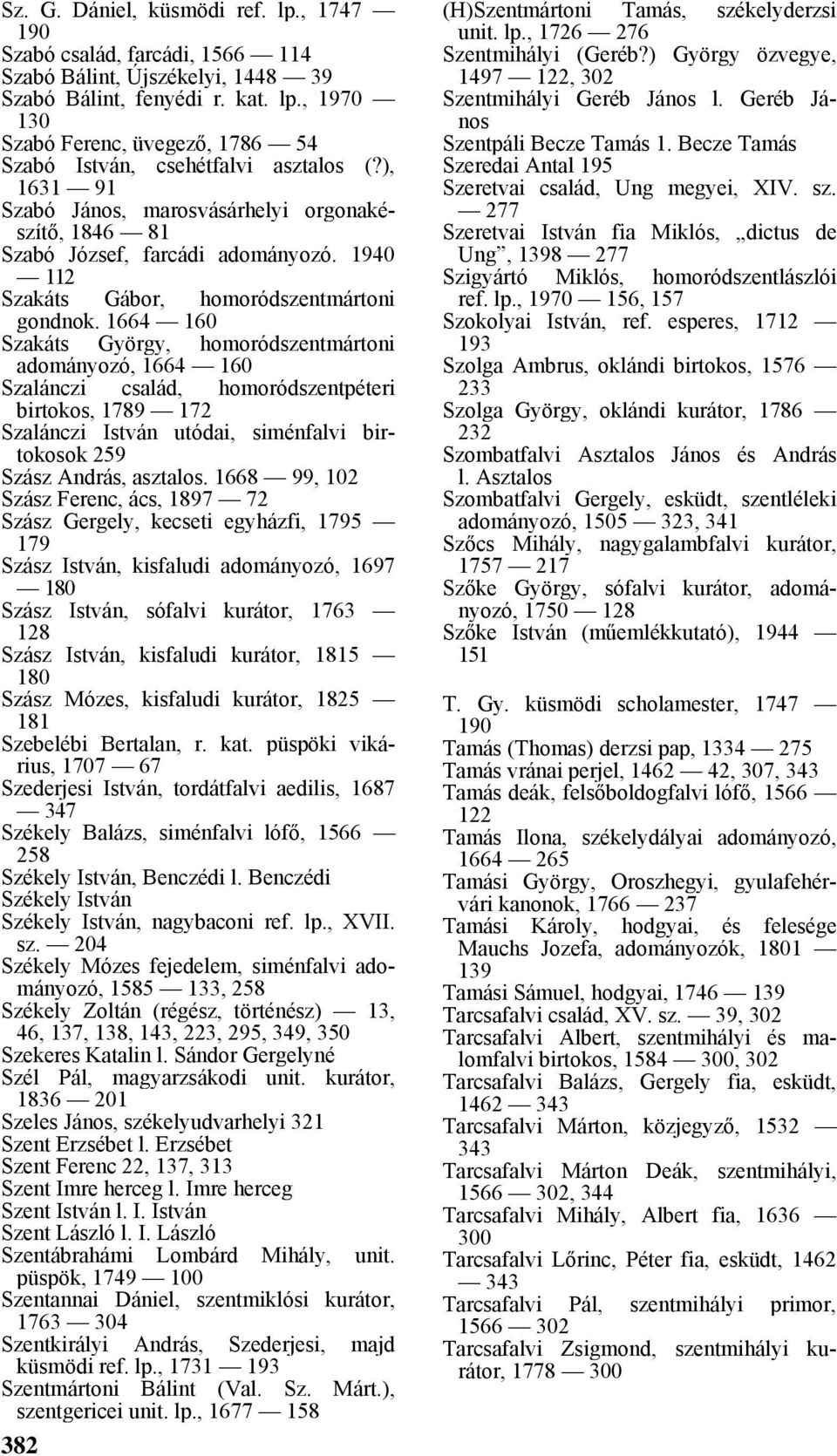 1664 160 Szakáts György, homoródszentmártoni adományozó, 1664 160 Szalánczi család, homoródszentpéteri birtokos, 1789 172 Szalánczi István utódai, siménfalvi birtokosok 259 Szász András, asztalos.