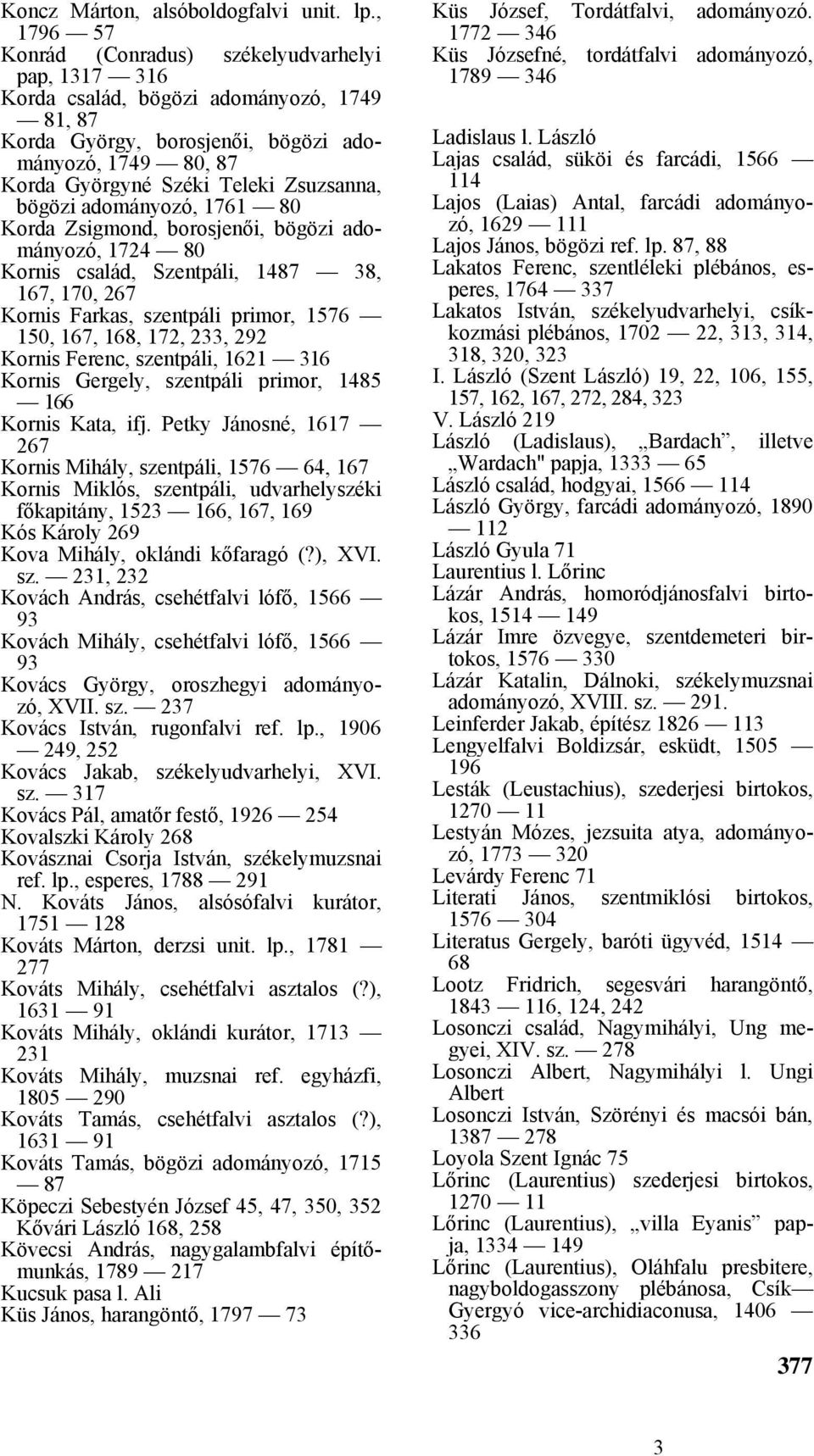 Zsuzsanna, bögözi adományozó, 1761 80 Korda Zsigmond, borosjenői, bögözi adományozó, 1724 80 Kornis család, Szentpáli, 1487 38, 167, 170, 267 Kornis Farkas, szentpáli primor, 1576 150, 167, 168, 172,