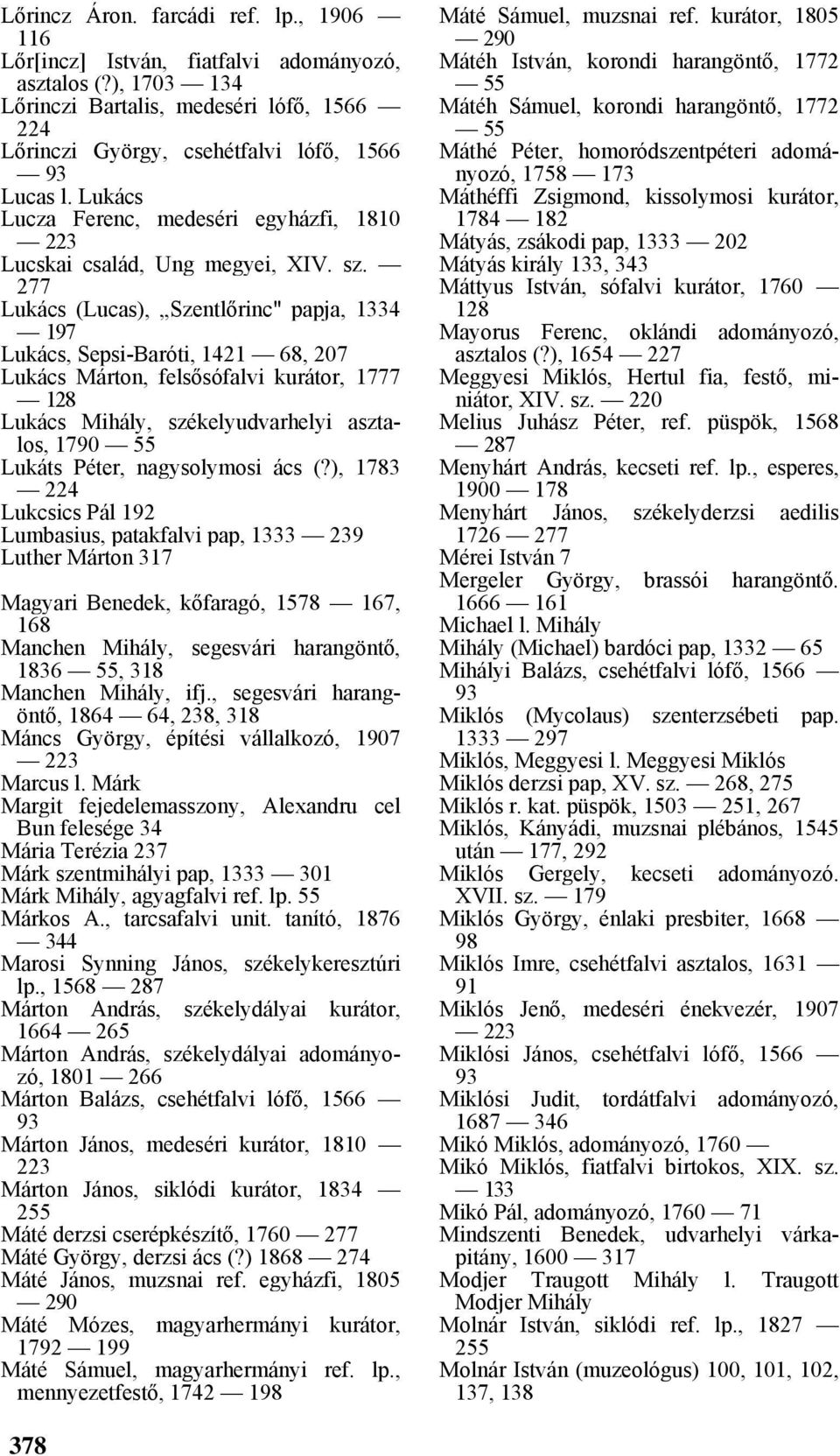 Lukács (Lucas), Szentlőrinc" papja, 1334 197 Lukács, Sepsi-Baróti, 1421 68, 207 Lukács Márton, felsősófalvi kurátor, 1777 128 Lukács Mihály, székelyudvarhelyi asztalos, 1790 55 Lukáts Péter,