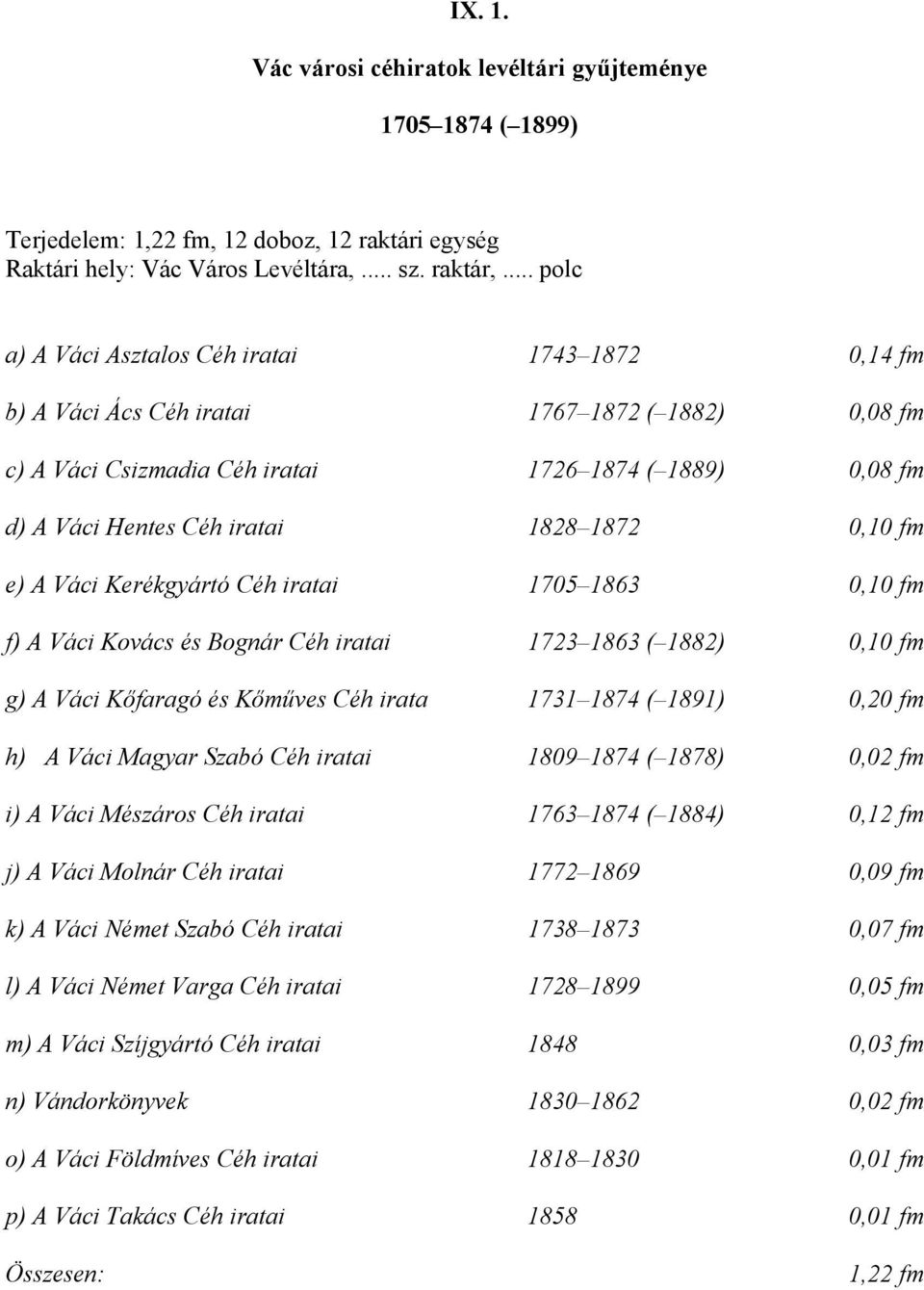 1872 0,10 fm e) A Váci Kerékgyártó Céh iratai 1705 1863 0,10 fm f) A Váci Kovács és Bognár Céh iratai 1723 1863 ( 1882) 0,10 fm g) A Váci Kőfaragó és Kőműves Céh irata 1731 1874 ( 1891) 0,20 fm h) A