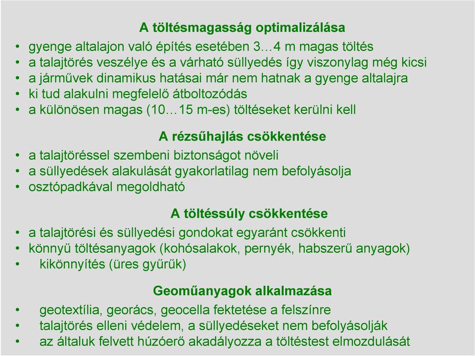 süllyedések alakulását gyakorlatilag nem befolyásolja osztópadkával megoldható A töltéssúly csökkentése a talajtörési és süllyedési gondokat egyaránt csökkenti könnyő töltésanyagok (kohósalakok,