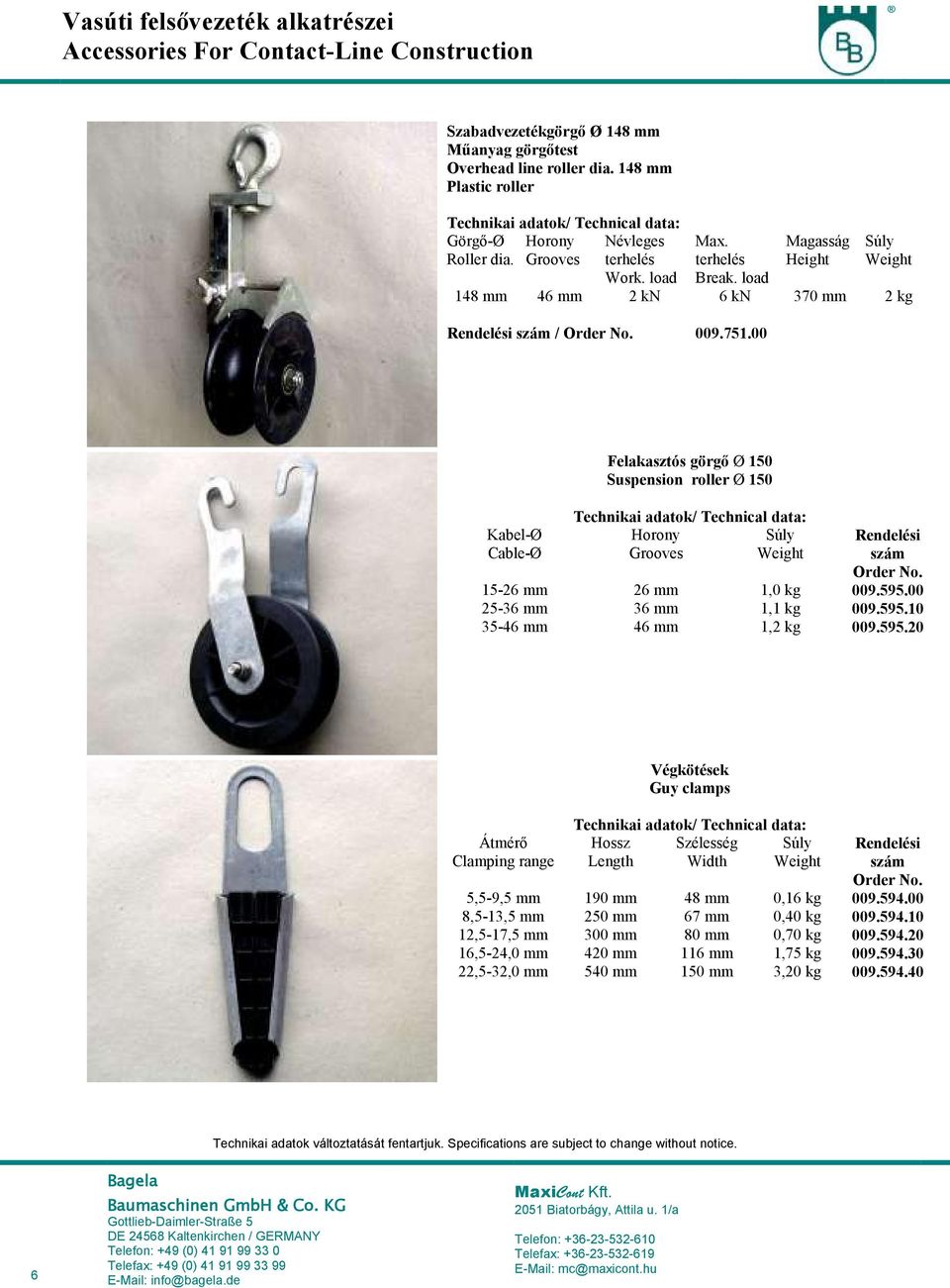 00 Kabel-Ø Cable-Ø Felakasztós görgő Ø 150 Suspension roller Ø 150 Horony Grooves Weight Rendelési szám Order No. 15-26 26 1,0 kg 009.595.