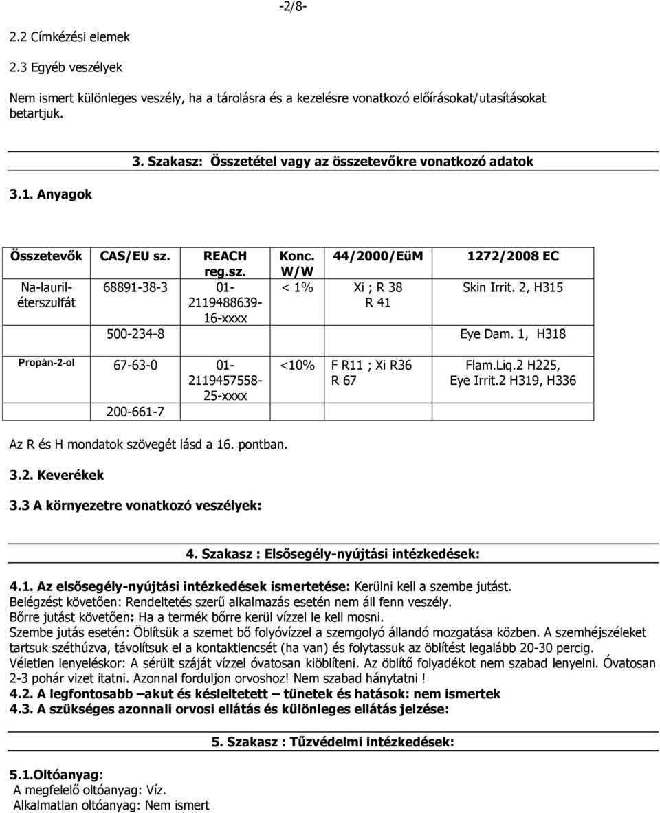 44/2000/EüM W/W < 1% Xi ; R 38 R 41 1272/2008 EC Skin Irrit. 2, H315 500-234-8 Eye Dam. 1, H318 Propán-2-ol 67-63-0 01-2119457558- 25-xxxx 200-661-7 <10% F R11 ; Xi R36 R 67 Flam.Liq.