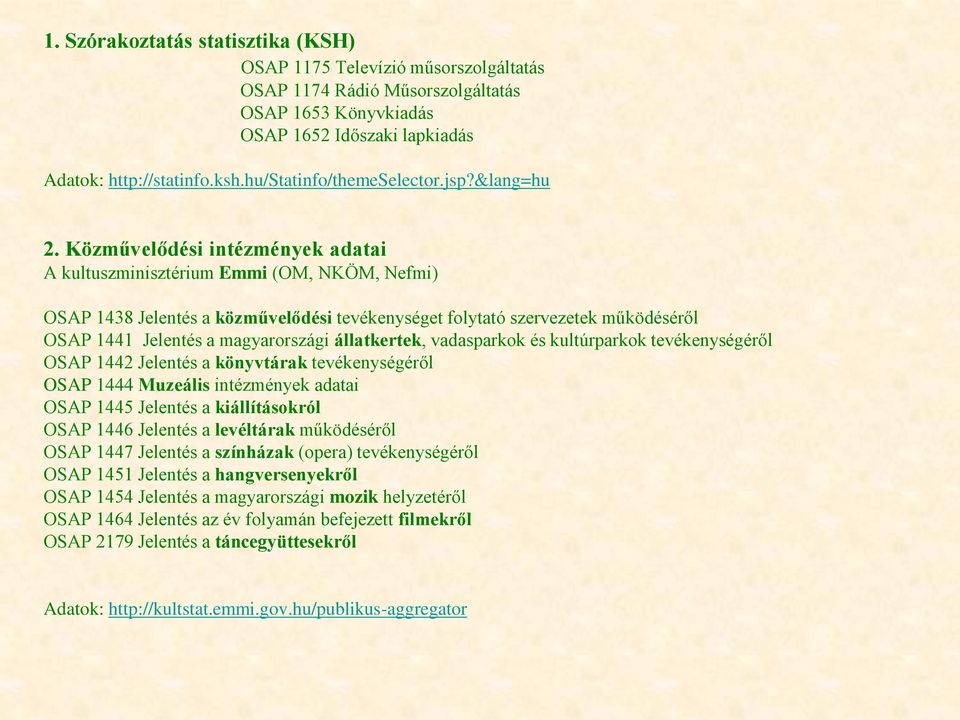 Közművelődési intézmények adatai A kultuszminisztérium Emmi (OM, NKÖM, Nefmi) OSAP 1438 Jelentés a közművelődési tevékenységet folytató szervezetek működéséről OSAP 1441 Jelentés a magyarországi