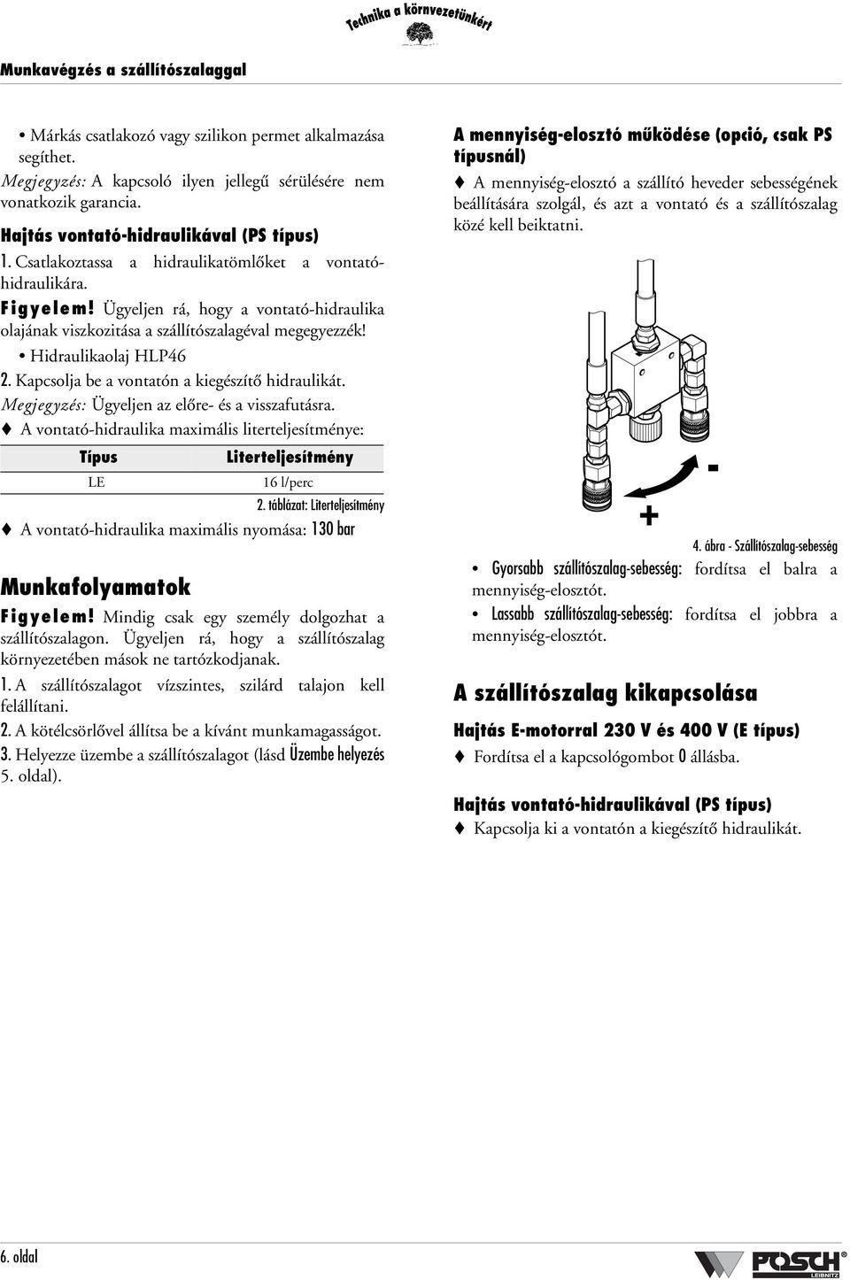 Ügyeljen rá, hogy a vontató-hidraulika olajának viszkozitása a szállítószalagéval megegyezzék! Hidraulikaolaj HLP46 2. Kapcsolja be a vontatón a kiegészítő hidraulikát.