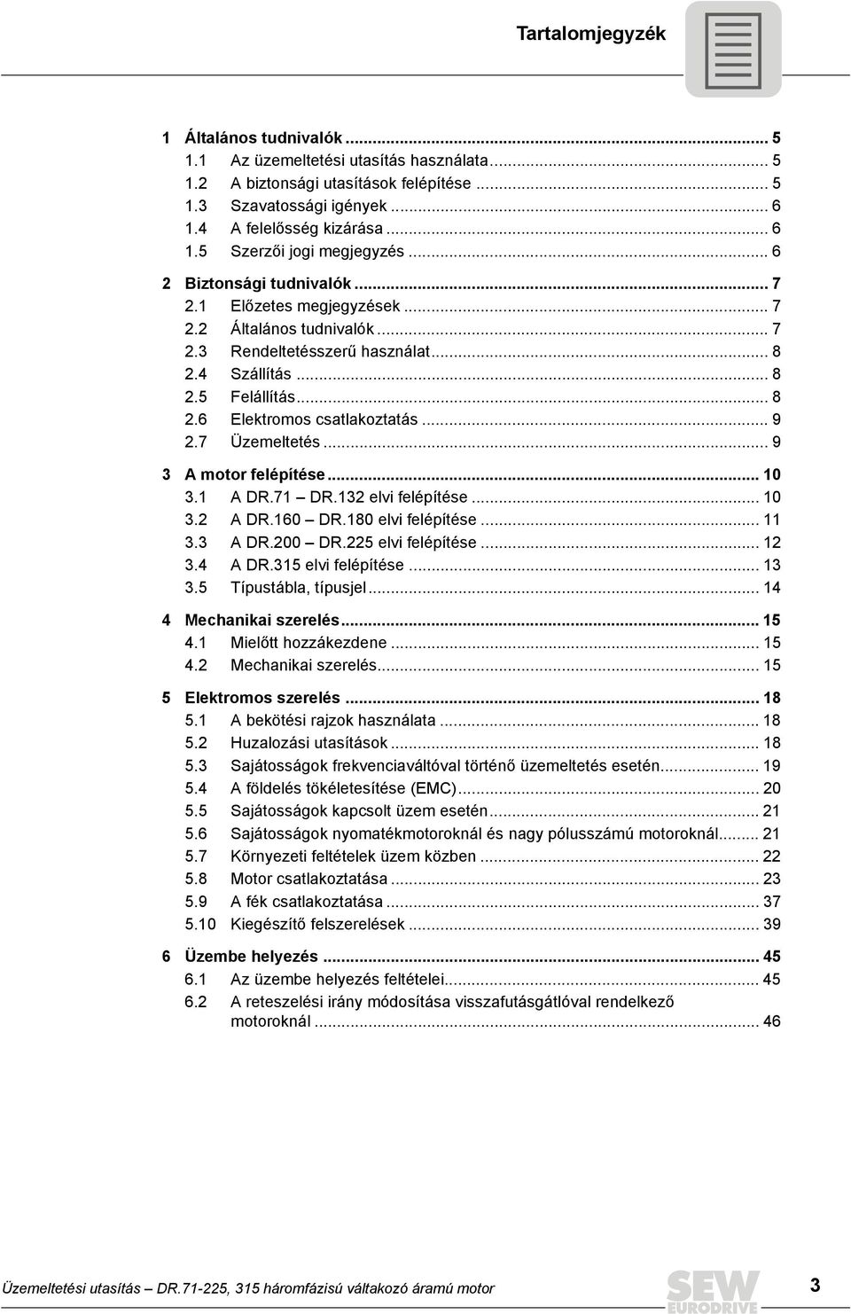 .. 9 2.7 Üzemeltetés... 9 3 A motor felépítése... 10 3.1 A DR.71 DR.132 elvi felépítése... 10 3.2 A DR.160 DR.180 elvi felépítése... 11 3.3 A DR.200 DR.225 elvi felépítése... 12 3.4 A DR.