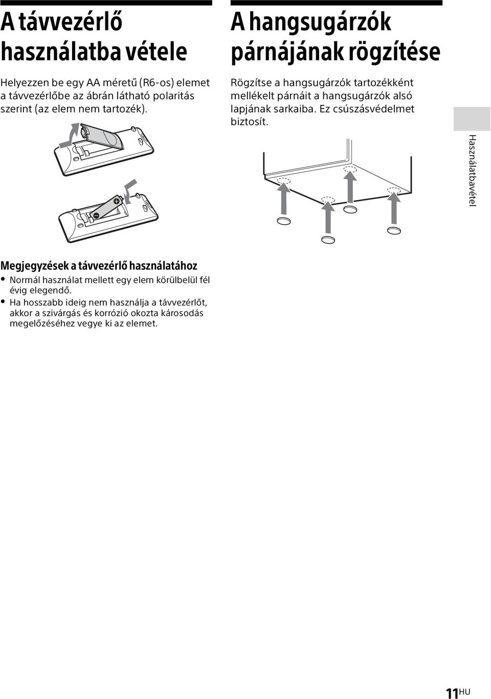 A hangsugárzók párnájának rögzítése Rögzítse a hangsugárzók tartozékként mellékelt párnáit a hangsugárzók alsó lapjának sarkaiba.