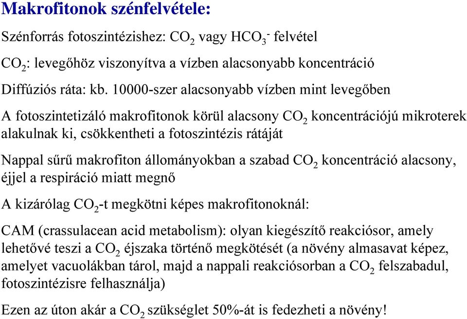 állományokban a szabad CO 2 koncentráció alacsony, éjjel a respiráció miatt megnő A kizárólag CO 2 -t megkötni képes makrofitonoknál: CAM (crassulacean acid metabolism): olyan kiegészítő reakciósor,