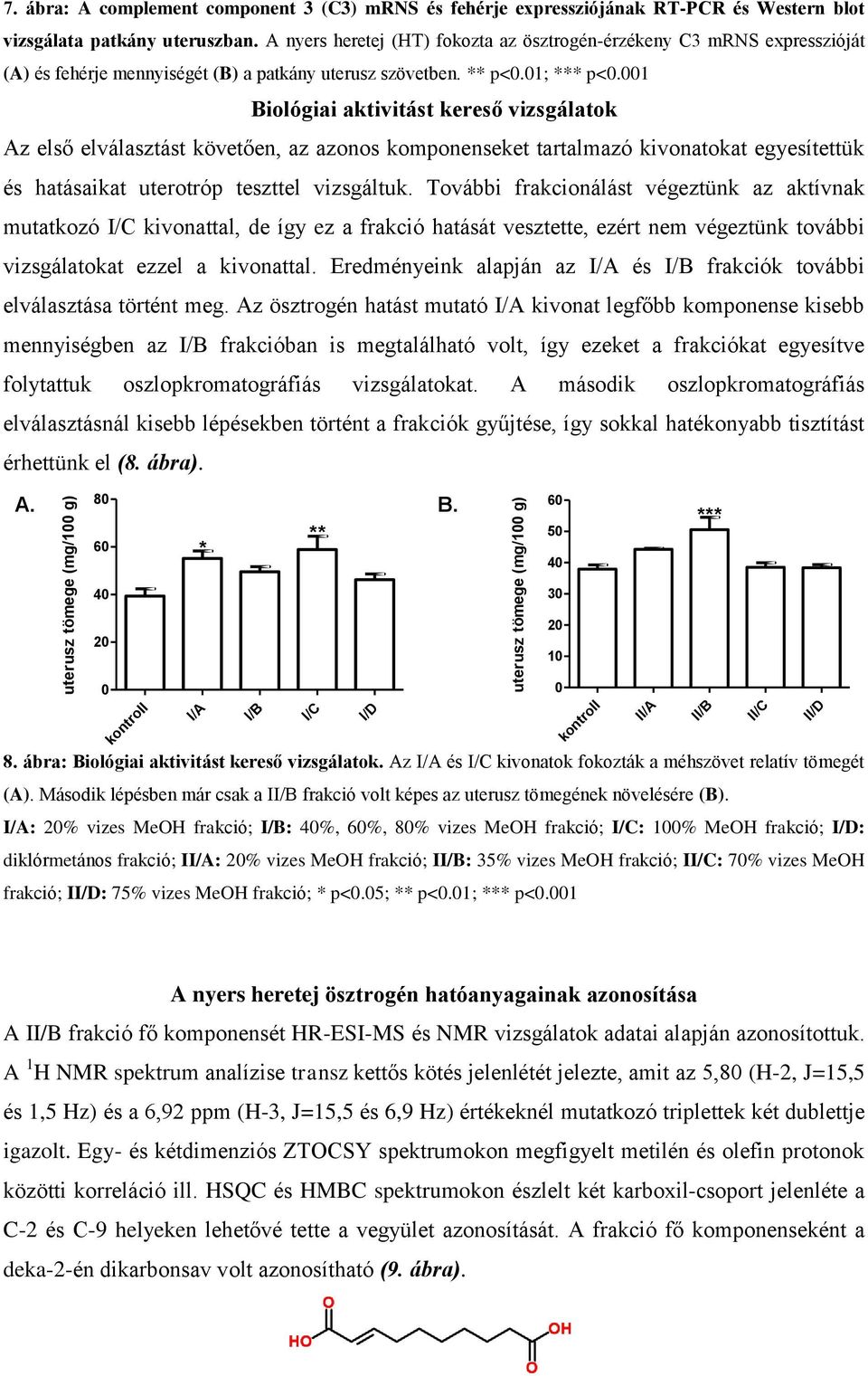 1 Biológiai aktivitást kereső vizsgálatok Az első elválasztást követően, az azonos komponeeket tartalmazó kivonatokat egyesítettük és hatásaikat uterotróp teszttel vizsgáltuk.