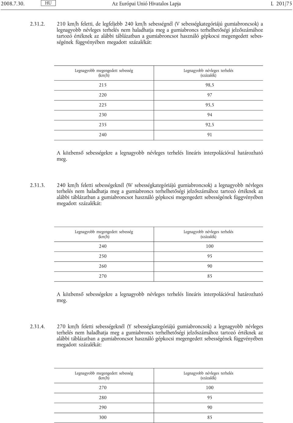 megengedett sebesség (km/h) Legnagyobb névleges terhelés (százalék) 215 98,5 220 97 225 95,5 230 94 235 92,5 240 91 A közbenső sebességekre a legnagyobb névleges terhelés lineáris interpolációval