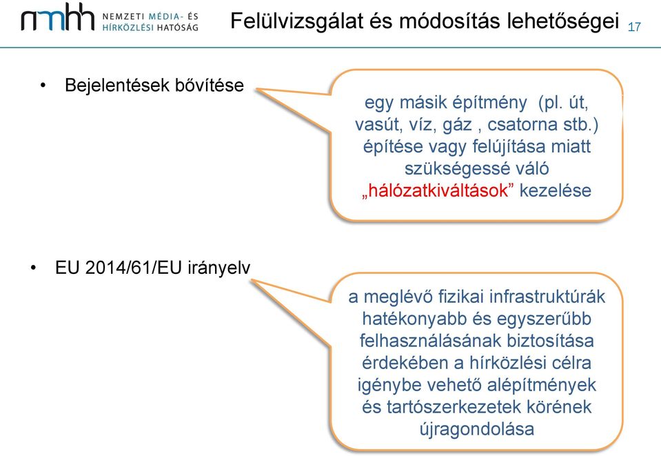 ) építése vagy felújítása miatt szükségessé váló hálózatkiváltások kezelése EU 2014/61/EU irányelv a