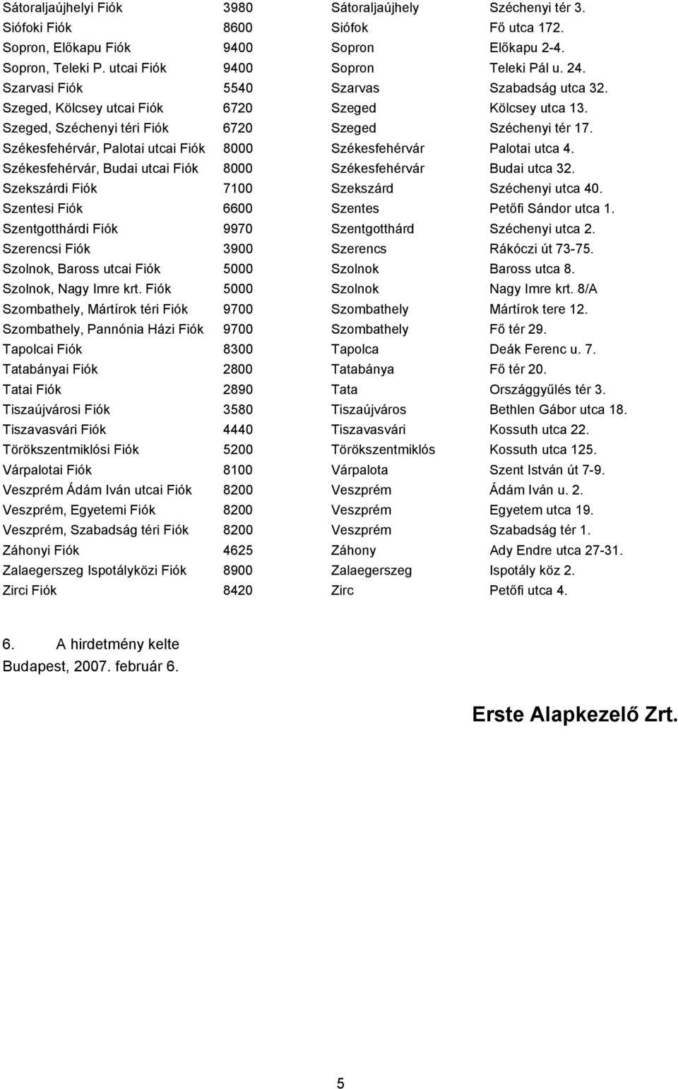 Székesfehérvár, Palotai utcai Fiók 8000 Székesfehérvár Palotai utca 4. Székesfehérvár, Budai utcai Fiók 8000 Székesfehérvár Budai utca 32. Szekszárdi Fiók 7100 Szekszárd Széchenyi utca 40.