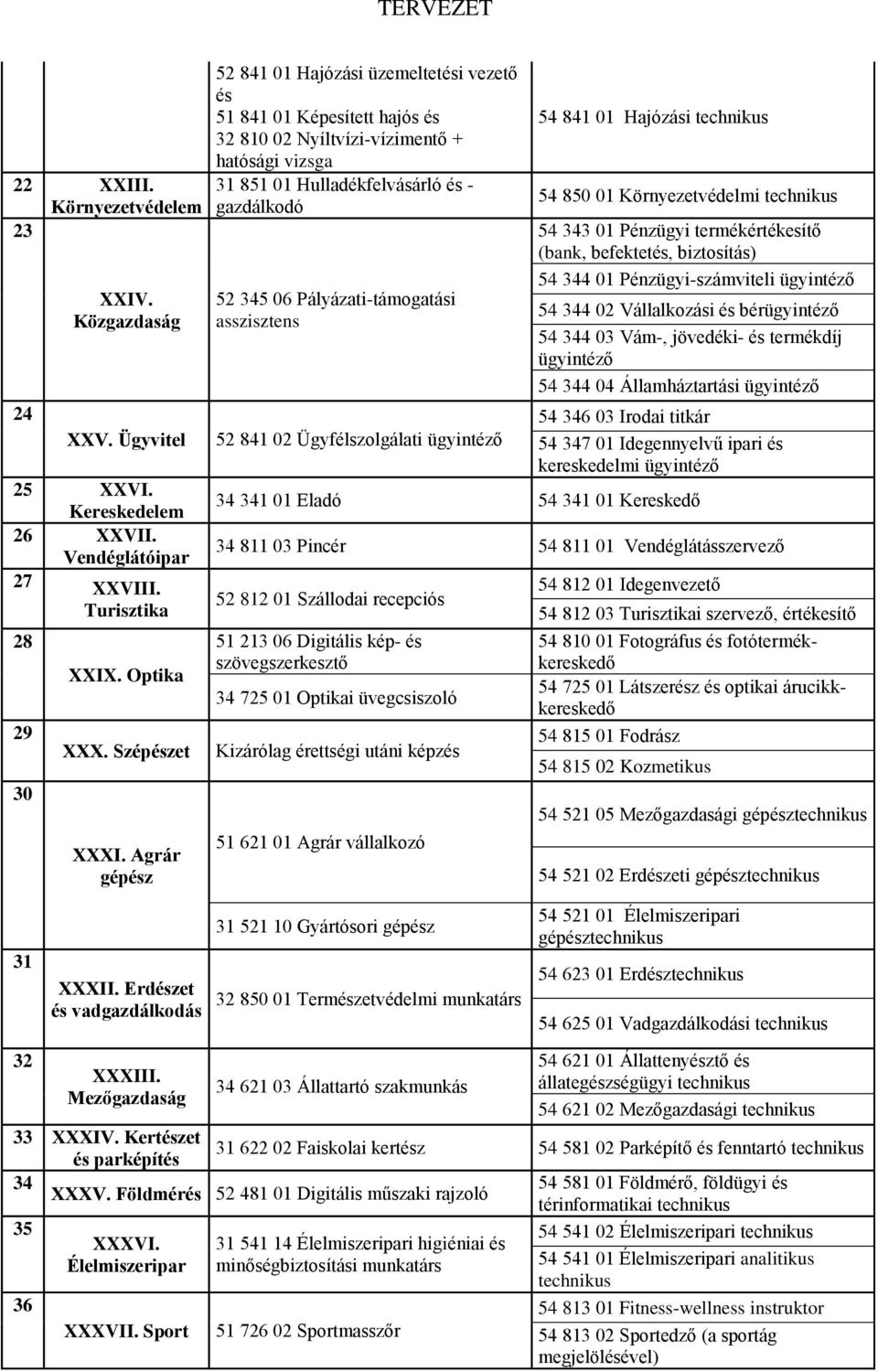 Pályázati-támogatási asszisztens 52 841 02 Ügyfélszolgálati ügyintéző 54 841 01 Hajózási technikus 54 850 01 Környezetvédelmi technikus 54 343 01 Pénzügyi termékértékesítő (bank, befektetés,